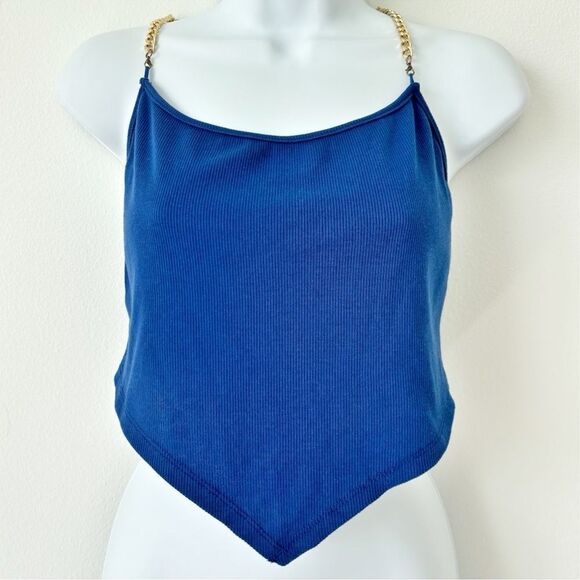 Women's Blue Gold Chain Straps Stretch Sleeveless Cropped Top Larg - Picture 4 of 7